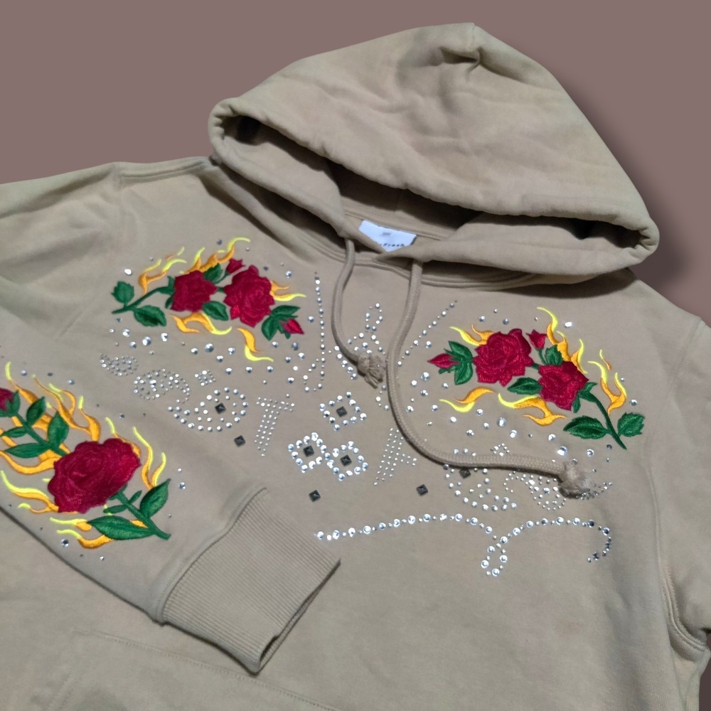 Teddy Fresh Rhinestone Tan Hoodie Embroidery Studded Roses Flames Size Small